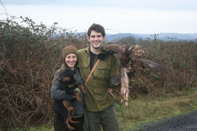 My wife and I, Blue my jagd bitch, and my first hawk, a female Redtail